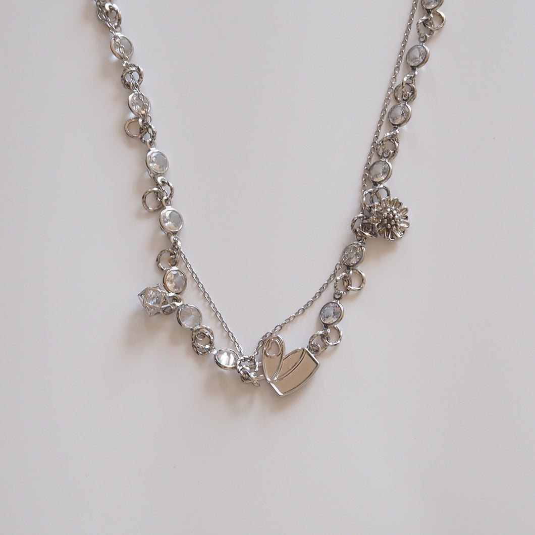 Silver necklace with hearts and daisy decor | Crystal Silver multi-layer necklace