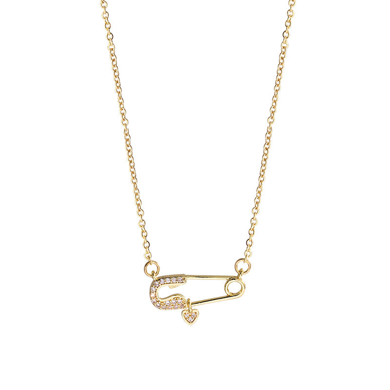 Safety Pin With Zircon Gold Necklace