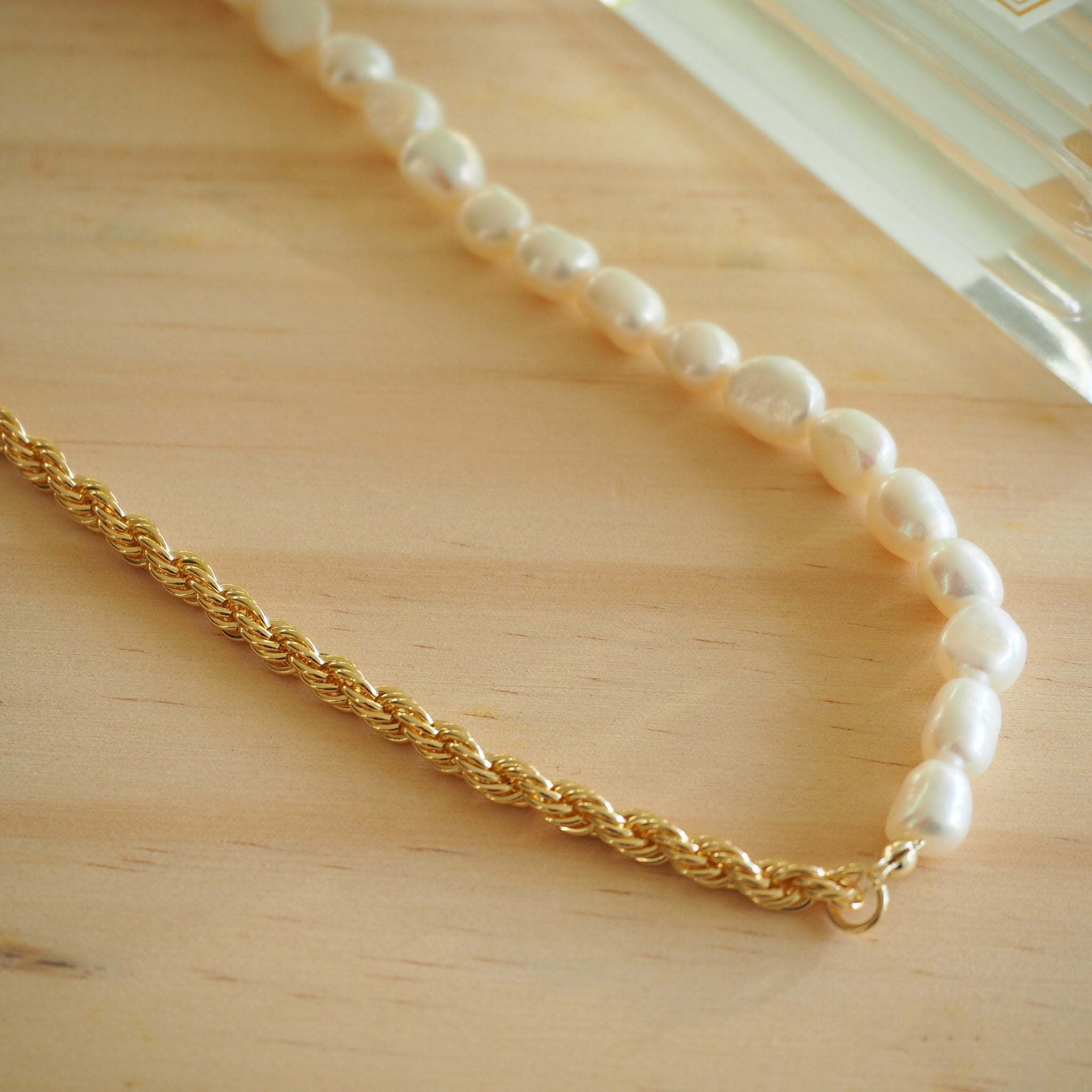 Upcycled Asymmetrical Necklace Half Chain Half Pearls | TÊTE D'ORANGE |  Wolf & Badger