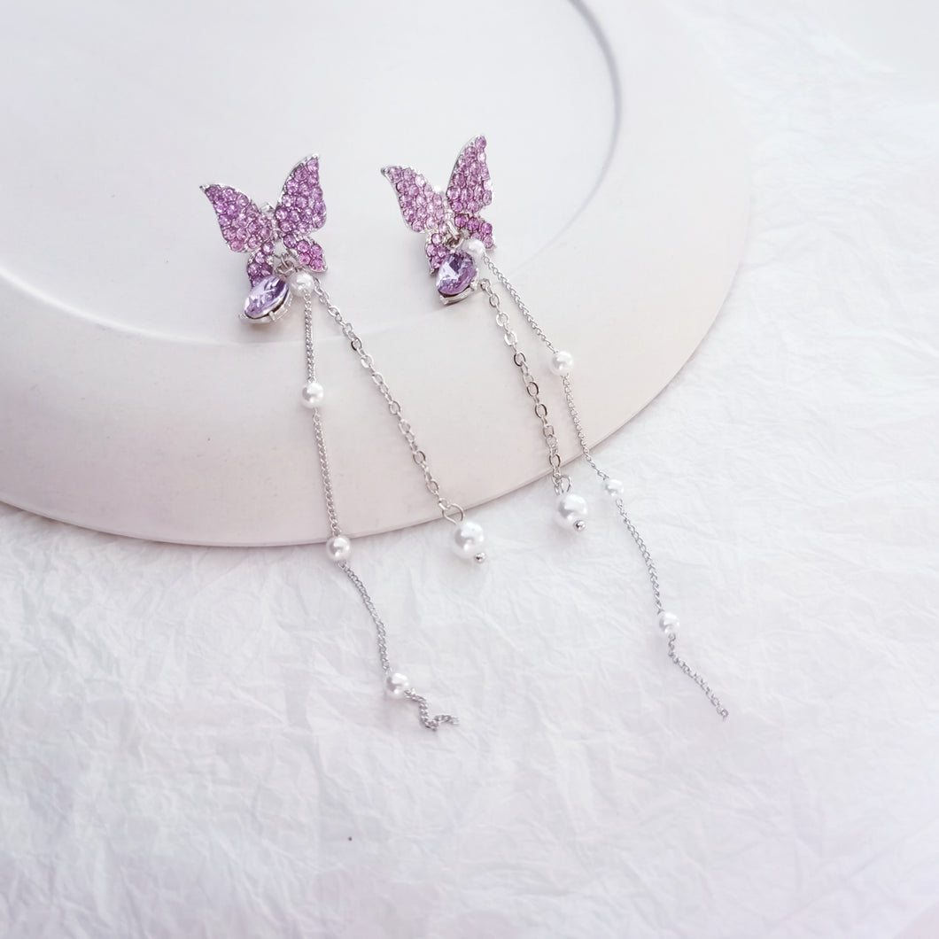 Purple Crystal Butterfly Earrings | Pearl earrings